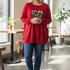 Two Twenty Five Red Sweater with Leopard Heart Design